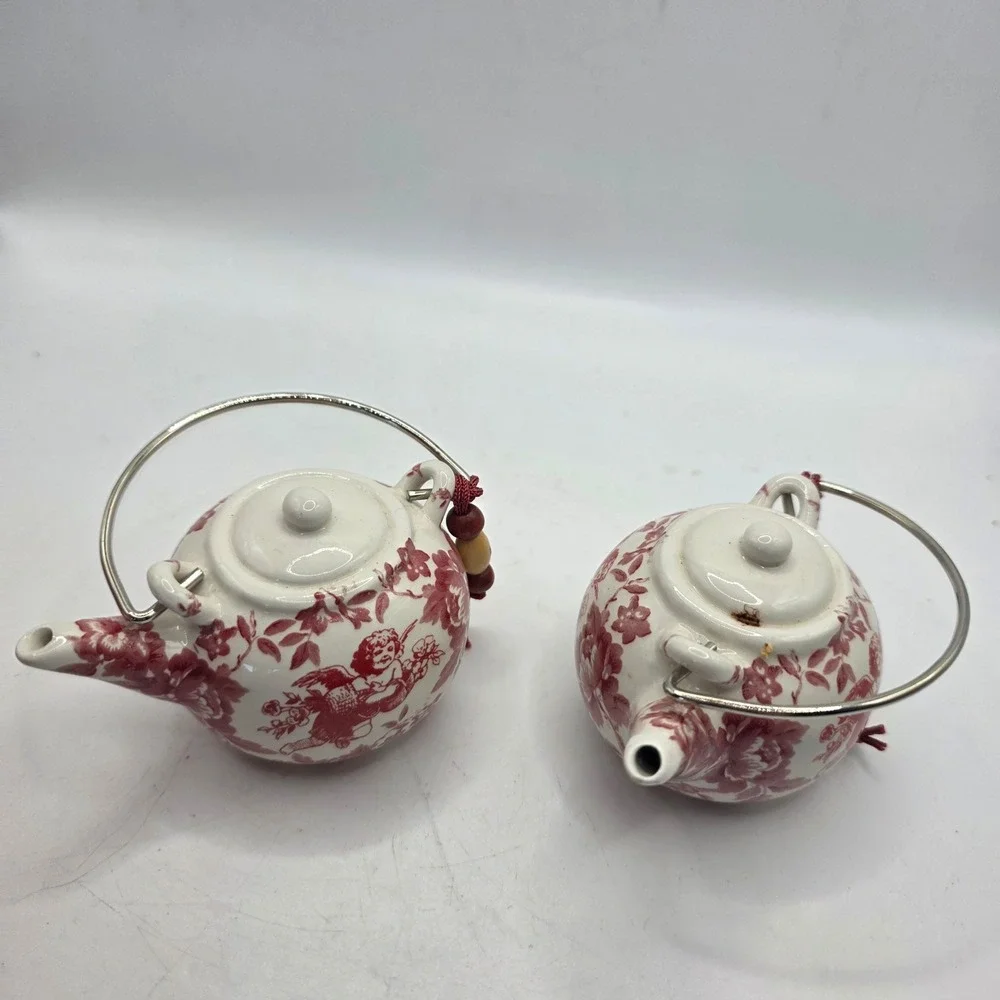 Vintage Miniature Porcelain Teapot Ornaments Pair Red Cherub Floral Made in Chin